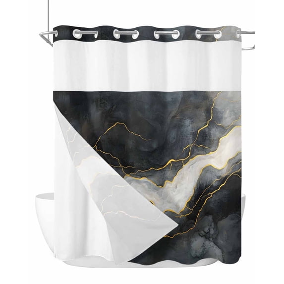 No Hook Cloth Fabric Shower Curtain with Snap in Liner, Marble Waterproof Shower Curtains Set with See Through Top Window, Black Grey Modern Luxury Gold Bath Curtains Shower 66"x72"