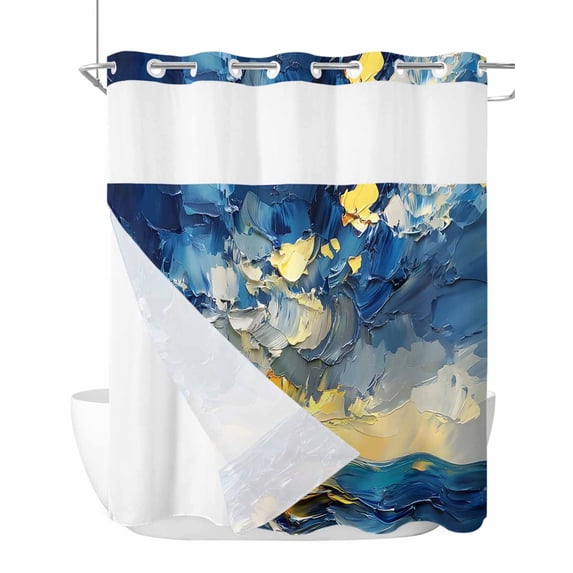 No Hook Cloth Fabric Shower Curtain with Snap in Liner, Modern Abstract Waterproof Shower Curtains Set with See Through Top Window, Blue Yellow Abstract Ombre Oil Painting Bath Curtains 72"x78"