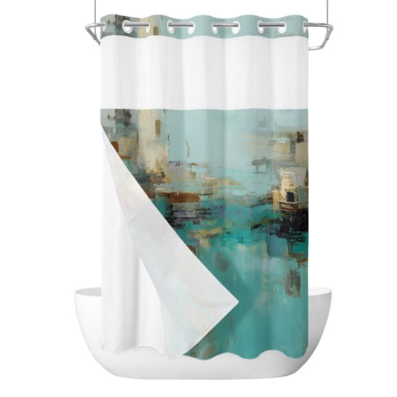 No Hook Cloth Fabric Shower Curtain with Snap in Liner, Modern Abstract Waterproof Shower Curtains Set with See Through Top Window, Country Color Blocks Teal Brown Bath Curtains Shower 36"x78"