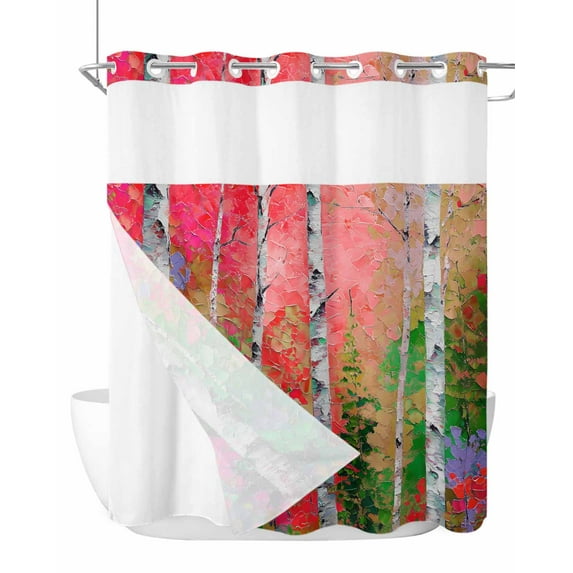 No Hook Cloth Fabric Shower Curtain with Snap in Liner, Modern Oil Painting Waterproof Shower Curtains Set with See Through Top Window, Summer Tree Leaves Pink Green Bath Curtains Shower 66"x72"