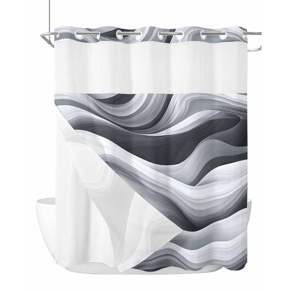 No Hook Cloth Fabric Shower Curtain with Snap in Liner, Modern Sea Waves Waterproof Shower Curtains Set with See Through Top Window, Grey White Texture Abstract Texture Bath Curtains Shower 66"x72"