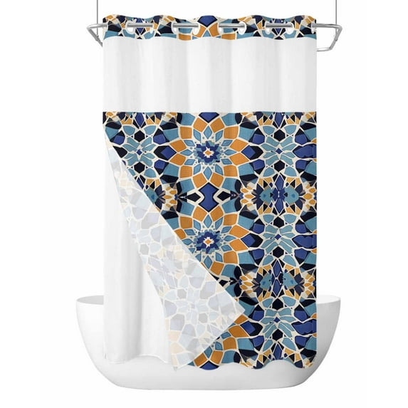 No Hook Cloth Fabric Shower Curtain with Snap in Liner, Morocco Orange Waterproof Shower Curtains Set with See Through Top Window, Blue Boho Retro Flower Pattern Abstract Bath Curtains Shower 54"x78"