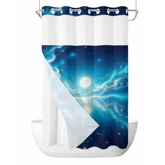 No Hook Cloth Fabric Shower Curtain with Snap in Liner, Natural Moonlight Waterproof Shower Curtains Set with See Through Top Window, Navy Blue Dreamy Moon Cloud Reflection Bath Curtains 36"x78"