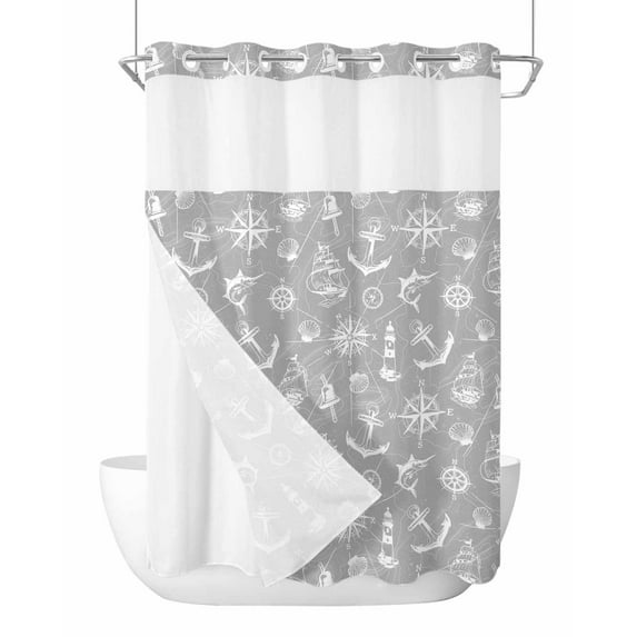 No Hook Cloth Fabric Shower Curtain with Snap in Liner, Nautical Grey Waterproof Shower Curtains Set with See Through Top Window, Retro Sailing Boat Map Anchor Rudder Bath Curtains Shower 48"x72"