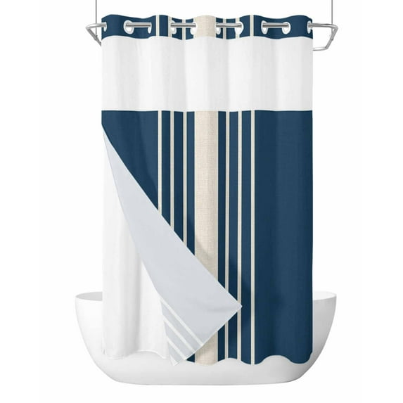 No Hook Cloth Fabric Shower Curtain with Snap in Liner, Navy Blue Beige Striped Waterproof Shower Curtains Set with See Through Top Window, Modern Farmhouse Retro Lines Bath Curtains Shower 54"x78"