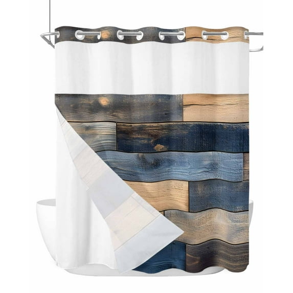 No Hook Cloth Fabric Shower Curtain with Snap in Liner, Navy Blue Brown Wood Waterproof Shower Curtains Set with See Through Top Window, Farmhouse Vintage Wooden Bath Curtains Shower 72"x72"