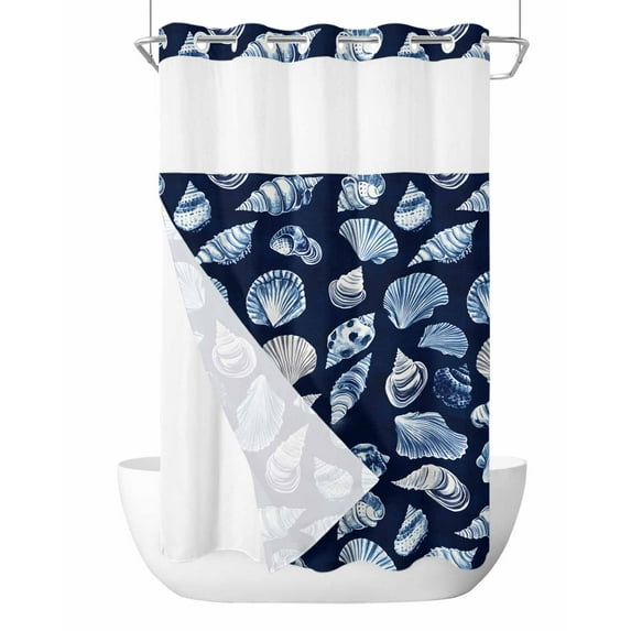 No Hook Cloth Fabric Shower Curtain with Snap in Liner, Navy Blue Coastal Waterproof Shower Curtains Set with See Through Top Window, Summer Beach Shell Conch Bath Curtains Shower 36"x72"