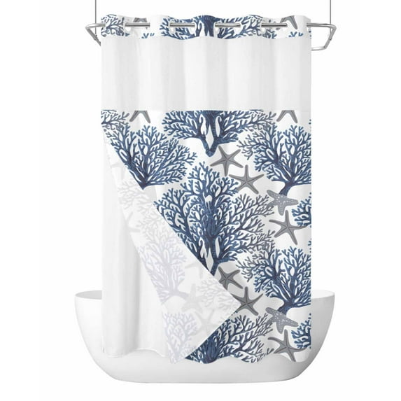 No Hook Cloth Fabric Shower Curtain with Snap in Liner, Navy Blue Coral Coastal Waterproof Shower Curtains Set with See Through Top Window, Summer Beach Starfish Nautical Bath Curtains Shower 36"x72"
