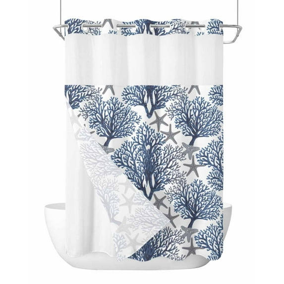 No Hook Cloth Fabric Shower Curtain with Snap in Liner, Navy Blue Coral Coastal Waterproof Shower Curtains Set with See Through Top Window, Summer Beach Starfish Nautical Bath Curtains Shower 72"x84"