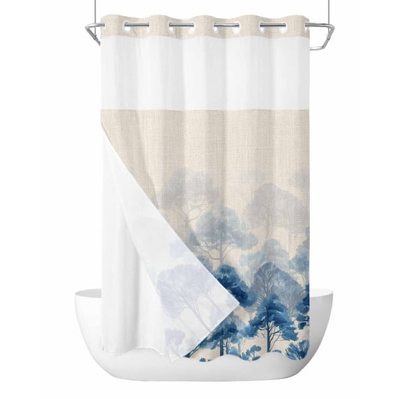 No Hook Cloth Fabric Shower Curtain with Snap in Liner, Navy Blue Forest Waterproof Shower Curtains Set with See Through Top Window, Rustic Botanical Tree Scenery Beige Bath Curtains Shower 36"x78"