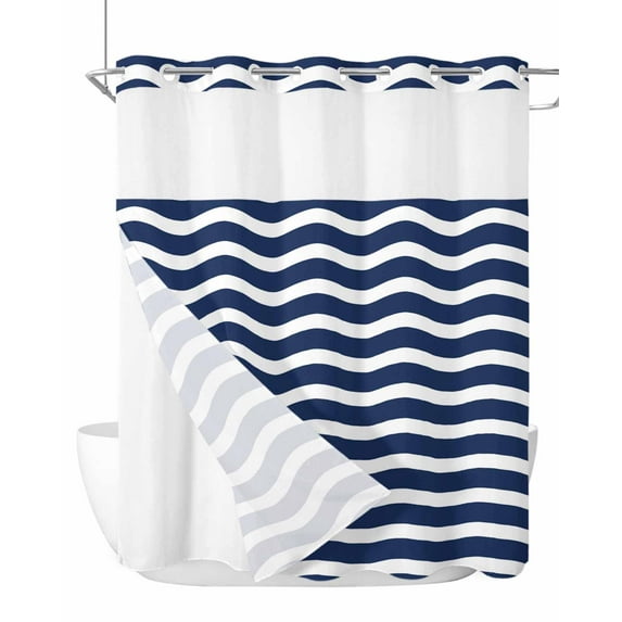 No Hook Cloth Fabric Shower Curtain with Snap in Liner, Navy Blue Moire Waterproof Shower Curtains Set with See Through Top Window, Water Ripple Stripe Farmhouse Bath Curtains Shower 72"x72"