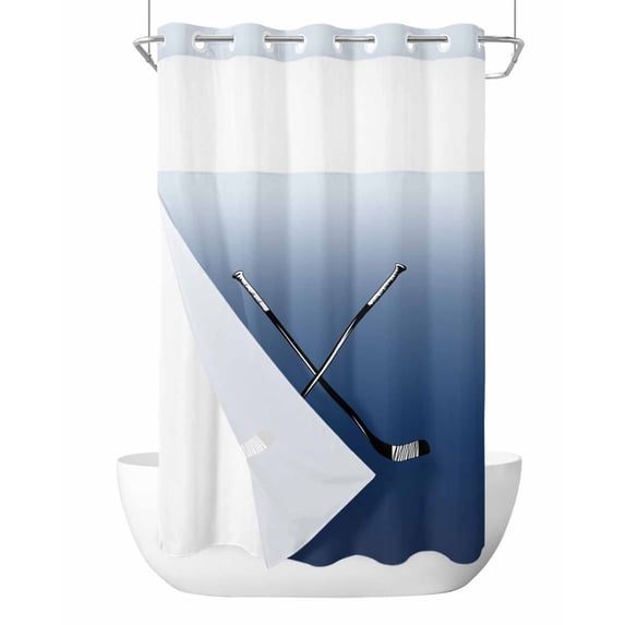 No Hook Cloth Fabric Shower Curtain with Snap in Liner, Navy Blue Ombre Waterproof Shower Curtains Set with See Through Top Window, Black Hockey Sticks Minimalist Style Bath Curtains Shower 36"x78"