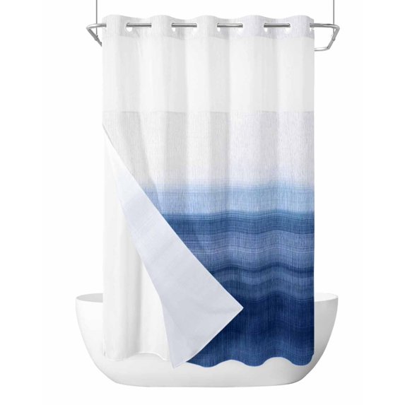 No Hook Cloth Fabric Shower Curtain with Snap in Liner, Navy Blue Ombre Waterproof Shower Curtains Set with See Through Top Window, Farmhouse Modern Gradient Bath Curtains Shower 36"x78"