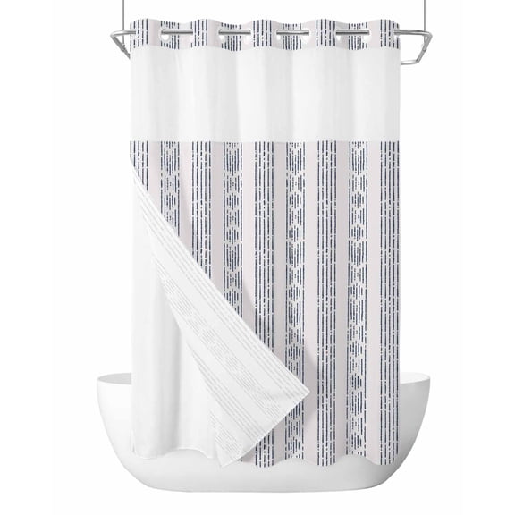 No Hook Cloth Fabric Shower Curtain with Snap in Liner, Navy Blue Stripe Waterproof Shower Curtains Set with See Through Top Window, Modern Abstract Vertical Stripes Beige Bath Curtains 54"x78"