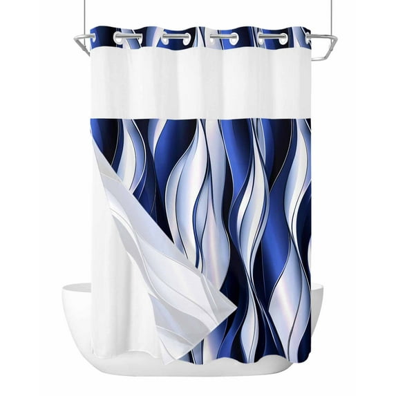 No Hook Cloth Fabric Shower Curtain with Snap in Liner, Navy Blue Striped Ombre Waterproof Shower Curtains Set with See Through Top Window, Modern Blue Moire Geometric Bath Curtains Shower 60"x72"