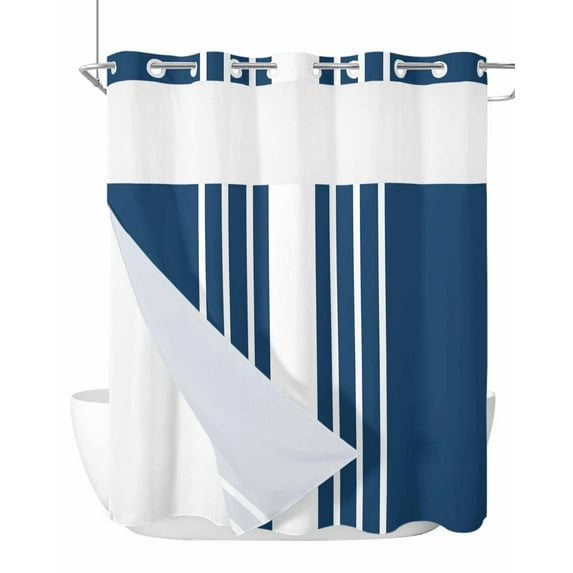 No Hook Cloth Fabric Shower Curtain with Snap in Liner, Navy Blue White Stripe Waterproof Shower Curtains Set with See Through Top Window, Modern Rustic Vertical Striped Bath Curtains Shower 72"x78"
