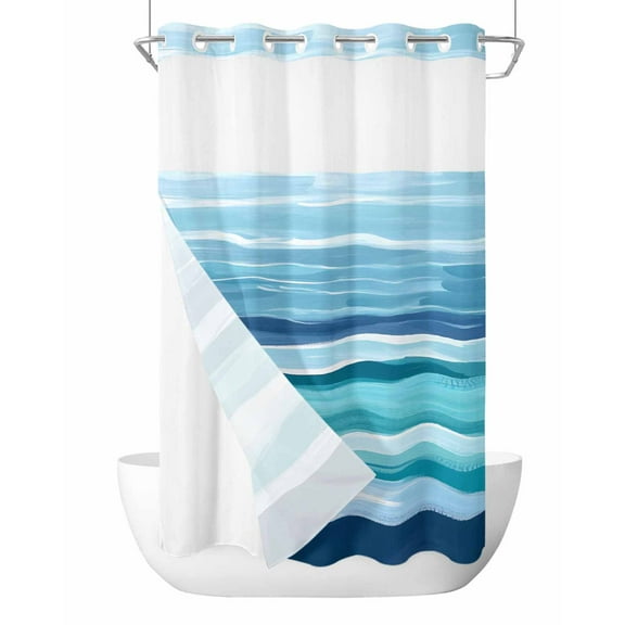 No Hook Cloth Fabric Shower Curtain with Snap in Liner, Ocean Beach Waterproof Shower Curtains Set with See Through Top Window, Modern Blue Coastal Wave Oil Painting Art Bath Curtains Shower 36"x72"