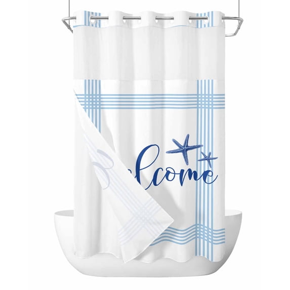No Hook Cloth Fabric Shower Curtain with Snap in Liner, Ocean Blue Starfish Waterproof Shower Curtains Set with See Through Top Window, Coastal Stripes Summer Ocean Bath Curtains Shower 36"x72"