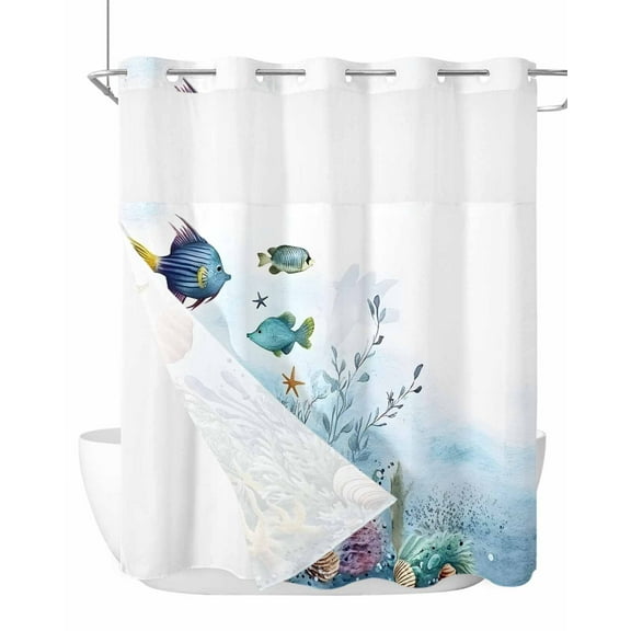 No Hook Cloth Fabric Shower Curtain with Snap in Liner, Ocean Coastal Waterproof Shower Curtains Set with See Through Top Window, Coral Fish Watercolor Shell Starfish Bath Curtains Shower 66"x72"