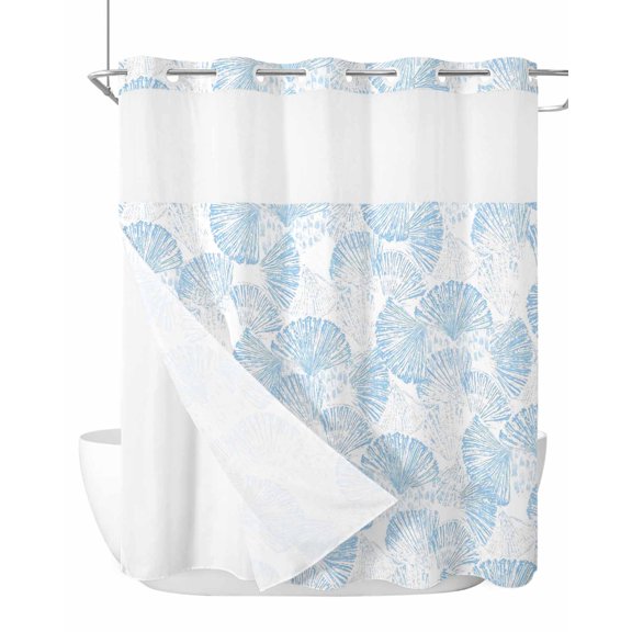 No Hook Cloth Fabric Shower Curtain with Snap in Liner, Ocean Shell Waterproof Shower Curtains Set with See Through Top Window, Summer Coastal Seashells Texture Light Blue Bath Curtains 72"x78"