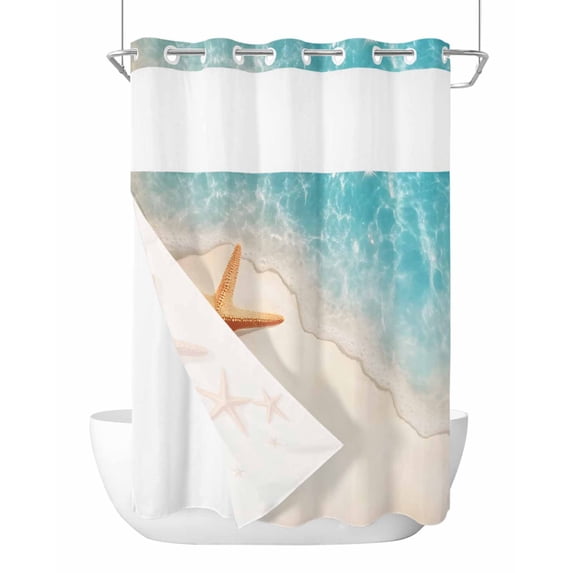 No Hook Cloth Fabric Shower Curtain with Snap in Liner, Ocean Starfish Waterproof Shower Curtains Set with See Through Top Window, Beach Shell Shore Waves Summer Sea Bath Curtains Shower 60"x72"