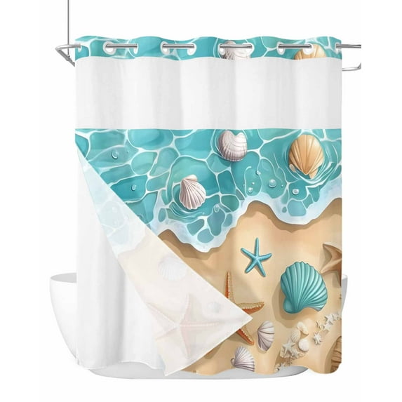 No Hook Cloth Fabric Shower Curtain with Snap in Liner, Ocean Starfish Waterproof Shower Curtains Set with See Through Top Window, Coastal Seaside Shell Modern Beach Bath Curtains Shower 66"x72"