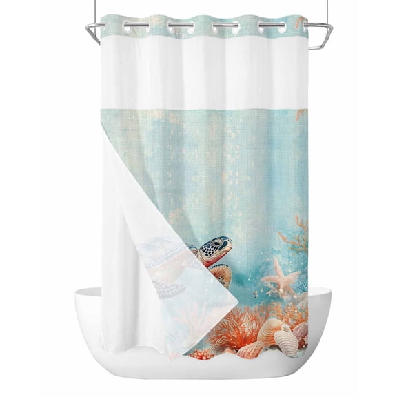 No Hook Cloth Fabric Shower Curtain with Snap in Liner, Ocean Turtle Waterproof Shower Curtains Set with See Through Top Window, Coastal Blue Coral Starfish Shell Bath Curtains Shower 36"x78"