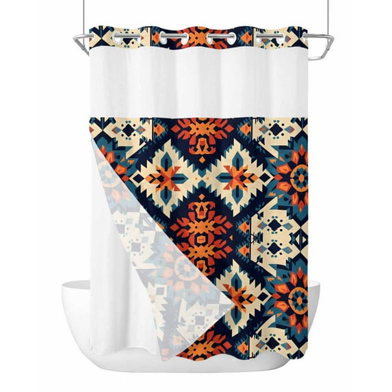 No Hook Cloth Fabric Shower Curtain with Snap in Liner, Orange Blue Boho Waterproof Shower Curtains Set with See Through Top Window, Colorful Abstract Ethnic Aesthetic Bath Curtains Shower 72"x84"