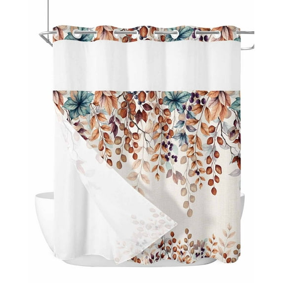 No Hook Cloth Fabric Shower Curtain with Snap in Liner, Orange Eucalyptus Leaves Waterproof Shower Curtains Set with See Through Top Window, Botanical Fall Rustic Beige Bath Curtains Shower 72"x72"