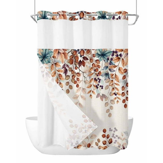 No Hook Cloth Fabric Shower Curtain with Snap in Liner, Orange Eucalyptus Leaves Waterproof Shower Curtains Set with See Through Top Window, Botanical Fall Rustic Beige Bath Curtains Shower 48"x72"