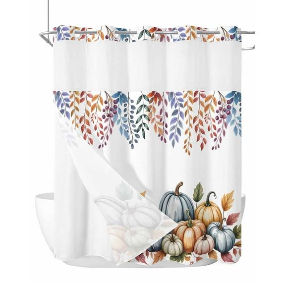No Hook Cloth Fabric Shower Curtain with Snap in Liner, Orange Fall Pumpkins Waterproof Shower Curtains Set with See Through Top Window, Eucalyptus Leaves Country Farmhouse Bath Curtains 72"x78"
