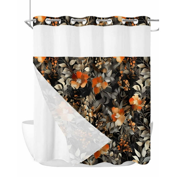 No Hook Cloth Fabric Shower Curtain with Snap in Liner, Orange Floral Waterproof Shower Curtains Set with See Through Top Window, Vintage Rustic Black Botanical Leaves Bath Curtains Shower 72"x78"