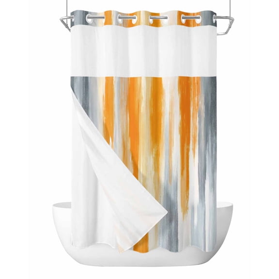 No Hook Cloth Fabric Shower Curtain with Snap in Liner, Orange Gray Waterproof Shower Curtains Set with See Through Top Window, Retro Country Abstract Ombre Aesthetic Bath Curtains Shower 36"x78"