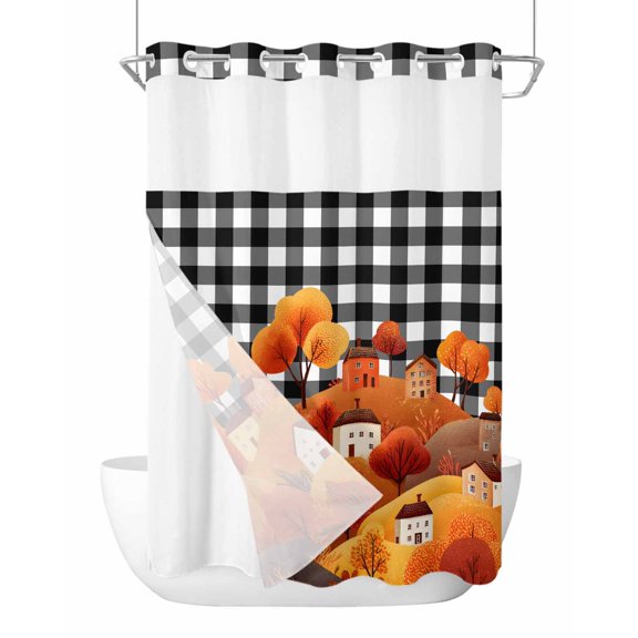 No Hook Cloth Fabric Shower Curtain with Snap in Liner, Orange Hill Fall Waterproof Shower Curtains Set with See Through Top Window, Thanksgiving Trees Cartoon House Retro Plaid Bath Curtains 60"x72"