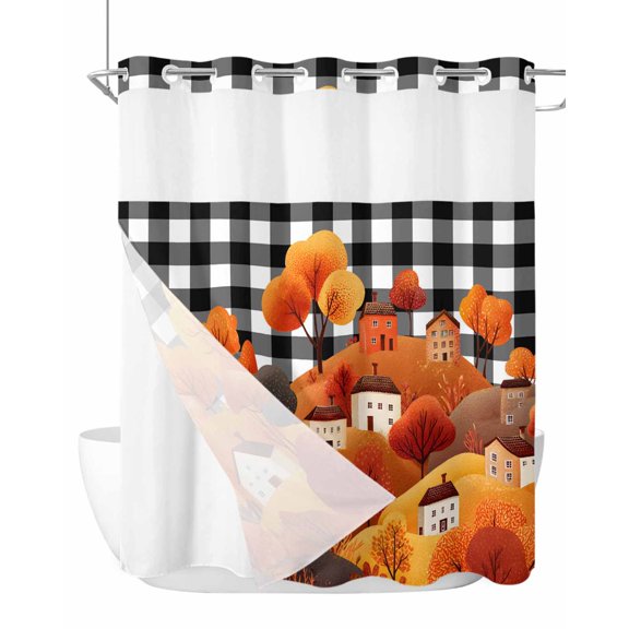 No Hook Cloth Fabric Shower Curtain with Snap in Liner, Orange Hill Fall Waterproof Shower Curtains Set with See Through Top Window, Thanksgiving Trees Cartoon House Retro Plaid Bath Curtains 72"x72"