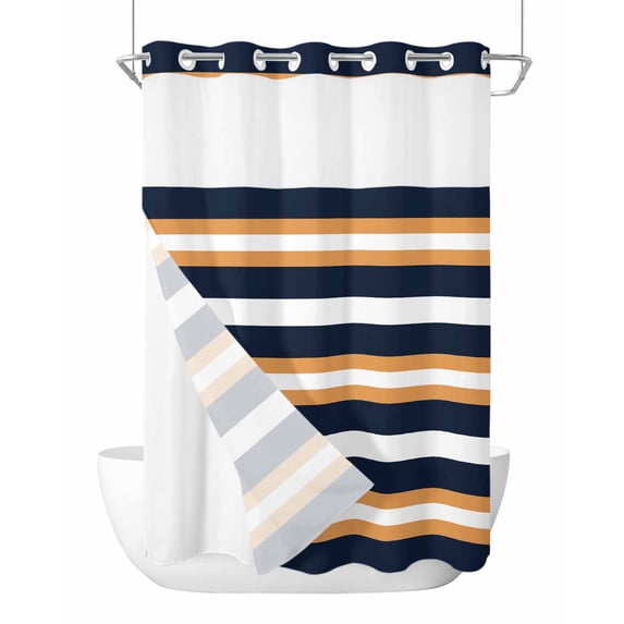 No Hook Cloth Fabric Shower Curtain with Snap in Liner, Orange Navy Blue Striped Waterproof Shower Curtains Set with See Through Top Window, Minimalist Farmhouse Lines Bath Curtains Shower 48"x72"