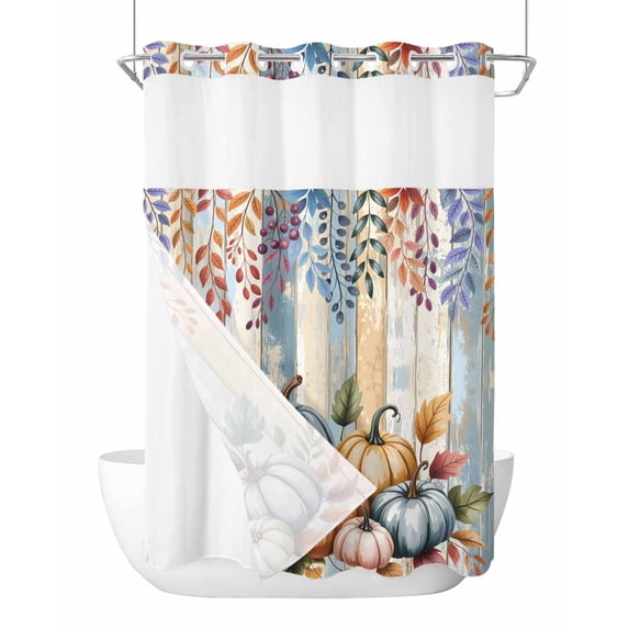 No Hook Cloth Fabric Shower Curtain with Snap in Liner, Orange Pumpkins Fall Waterproof Shower Curtains Set with See Through Top Window, Eucalyptus Leaves Wood Grain Country Rustic 72"x96"