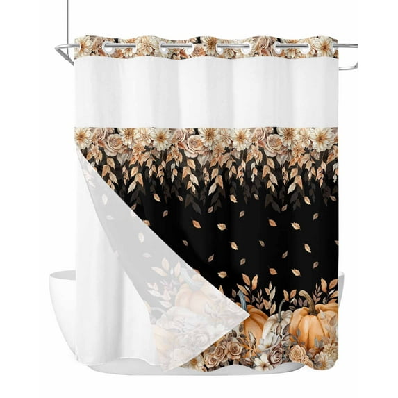 No Hook Cloth Fabric Shower Curtain with Snap in Liner, Orange Pumpkins Fall Waterproof Shower Curtains Set with See Through Top Window, Thanksgiving Botanical Leaves Floral Bath Curtains 72"x72"
