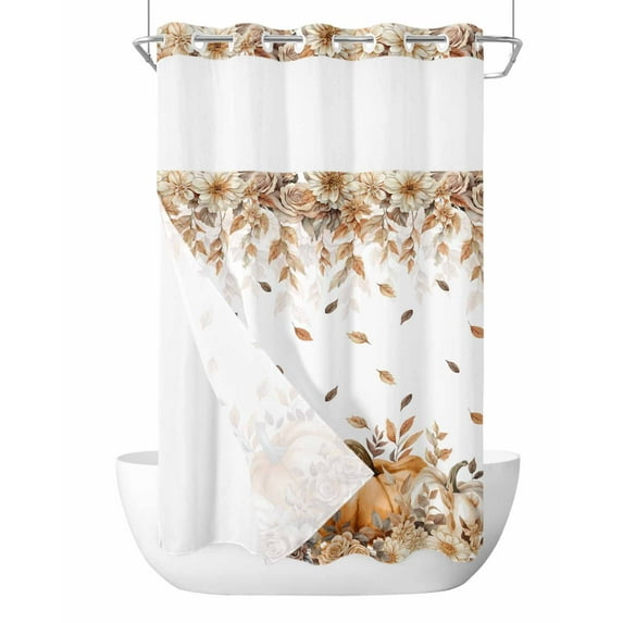 No Hook Cloth Fabric Shower Curtain with Snap in Liner, Orange Pumpkins Fall Waterproof Shower Curtains Set with See Through Top Window, Thanksgiving Leaves Floral Pastoral Bath Curtains 54"x78"