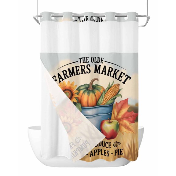 No Hook Cloth Fabric Shower Curtain with Snap in Liner, Orange Pumpkins Fall Waterproof Shower Curtains Set with See Through Top Window, Thanksgiving Sunflower Maple Country Corns 48"x72"