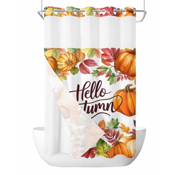 No Hook Cloth Fabric Shower Curtain with Snap in Liner, Orange Pumpkins Waterproof Shower Curtains Set with See Through Top Window, Farmhouse Watercolor Botanical Bath Curtains Shower 36"x78"