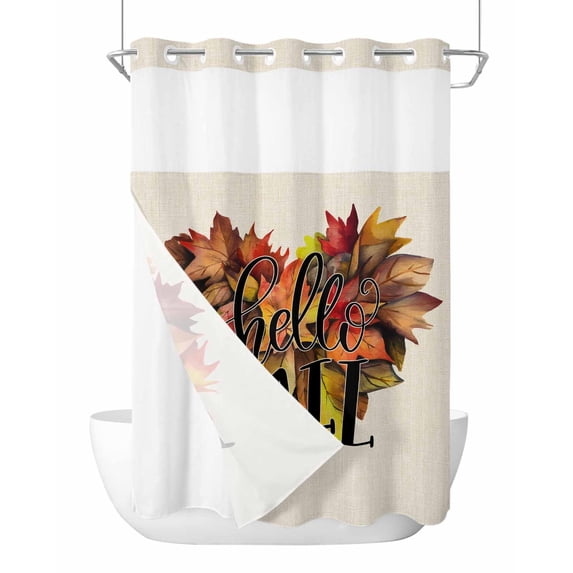 No Hook Cloth Fabric Shower Curtain with Snap in Liner, Orange Red Maple Leaf Waterproof Shower Curtains Set with See Through Top Window, Hello Fall Watercolor Rustic Bath Curtains Shower 48"x72"