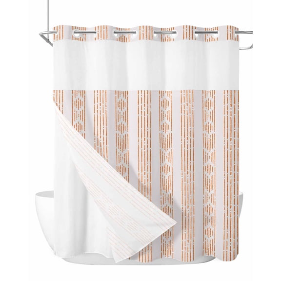 No Hook Cloth Fabric Shower Curtain with Snap in Liner, Orange Stripe Waterproof Shower Curtains Set with See Through Top Window, Modern Abstract Art Vertical Stripes Beige Bath Curtains 72"x72"