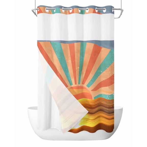 No Hook Cloth Fabric Shower Curtain with Snap in Liner, Orange Sunset Waterproof Shower Curtains Set with See Through Top Window, Abstract See Beach Landscape Vintage Bath Curtains Shower 36"x78"