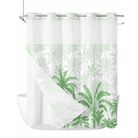 No Hook Cloth Fabric Shower Curtain with Snap in Liner, Palm Trees Waterproof Shower Curtains Set with See Through Top Window, Green Tropical Plants Summer Forest Scenery Bath Curtains Shower 72"x72"