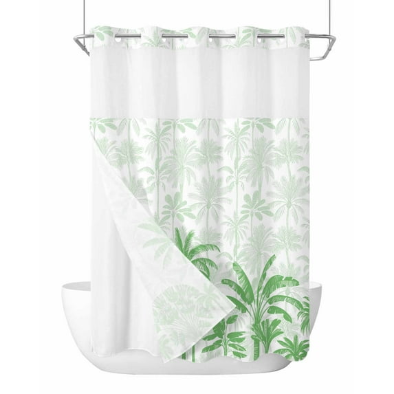 No Hook Cloth Fabric Shower Curtain with Snap in Liner, Palm Trees Waterproof Shower Curtains Set with See Through Top Window, Green Tropical Plants Summer Forest Scenery Bath Curtains Shower 72"x84"