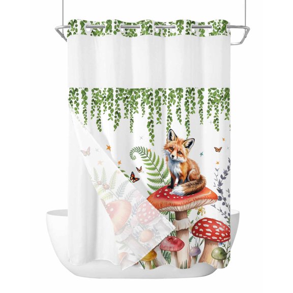 No Hook Cloth Fabric Shower Curtain with Snap in Liner, Pastoral Mushroom Fox Waterproof Shower Curtains Set with See Through Top Window, Watercolor Eucalyptus Botanical Bath Curtains Shower 72"x96"