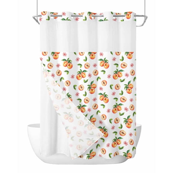 No Hook Cloth Fabric Shower Curtain with Snap in Liner, Peaches Flower Waterproof Shower Curtains Set with See Through Top Window, Pink Floral Blossom Summer Spring Fruit Bath Curtains Shower 60"x72"