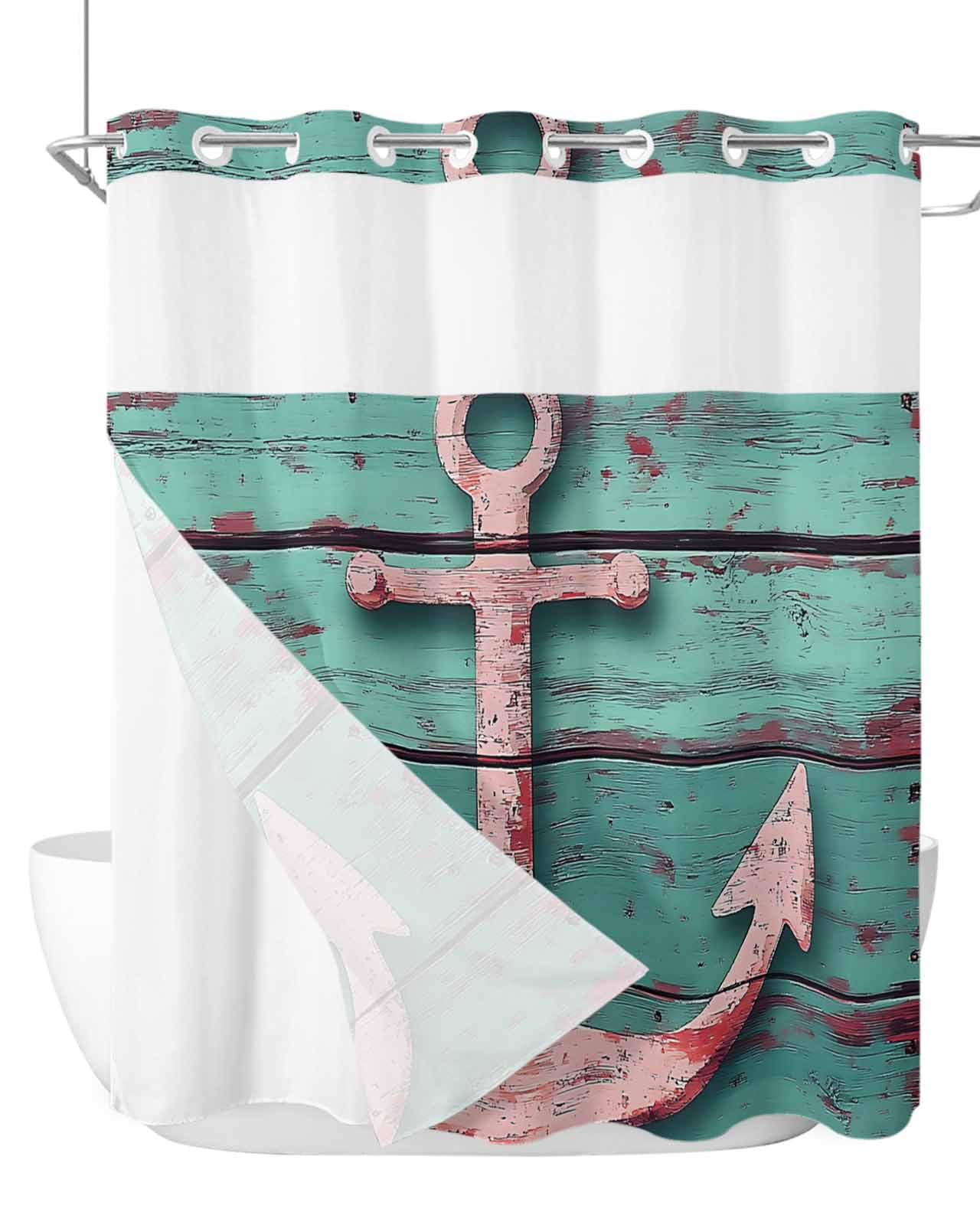 Britown Sailboat Shower Curtain Set – Retro Ocean Design, Snap-in Liner, See-Through Mesh Top (71x74 Inch)