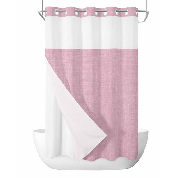 No Hook Cloth Fabric Shower Curtain with Snap in Liner, Pink Burlap Texture Waterproof Shower Curtains Set with See Through Top Window, Farmhouse Vintage Pink Bath Curtains Shower 36"x72"